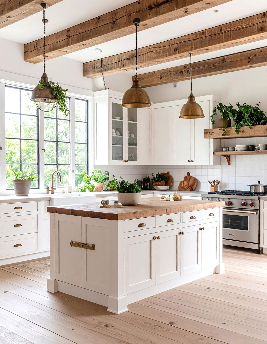 Rustic Farmhouse Kitchen with Exposed Wood Beams - 25 Sloped Ceiling Kitchen Ideas