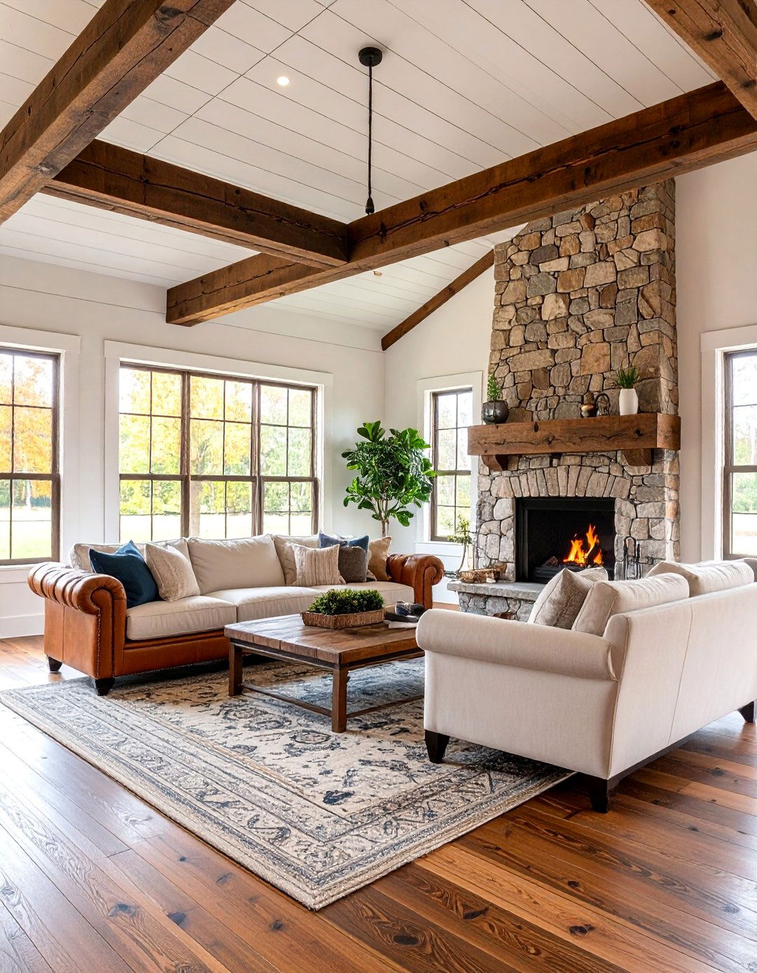 Rustic Farmhouse Living Room with Dark Wood Beams - 25 Vaulted Ceiling With Beams