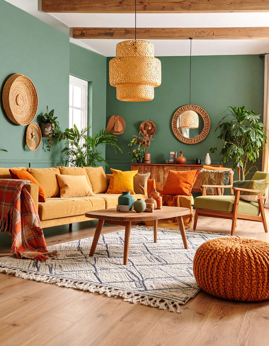 Rustic Farmhouse Living Room with Hunter Green and Pumpkin Orange - 25 Green and Orange Living Room Ideas