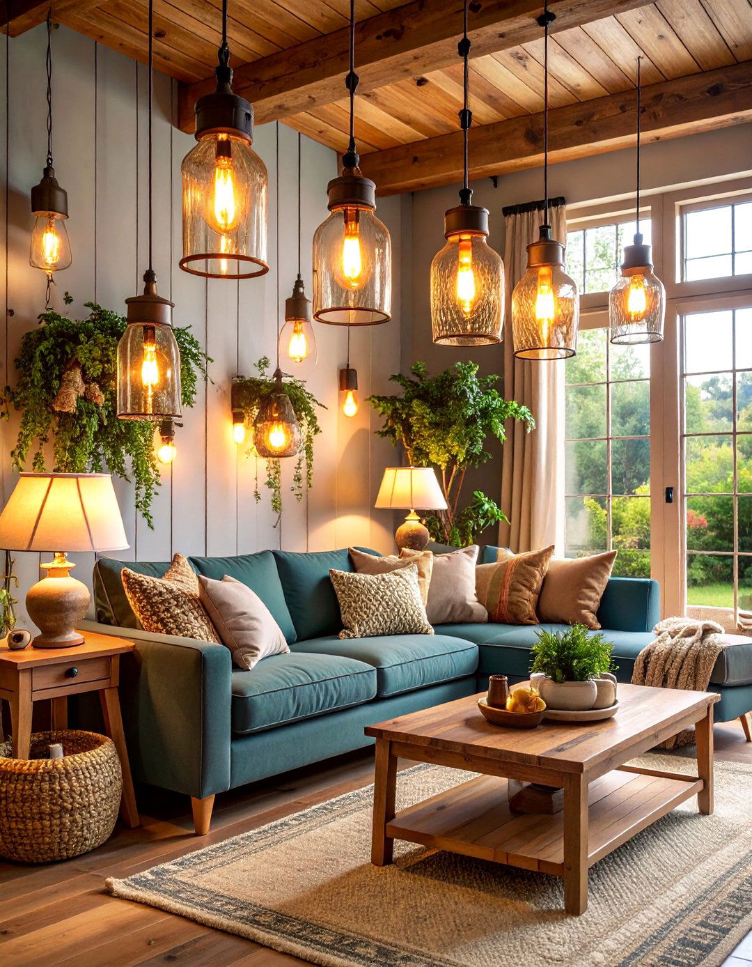 Rustic Farmhouse Living Room with Warm Natural Lighting - 25 Living Room Lighting Ideas