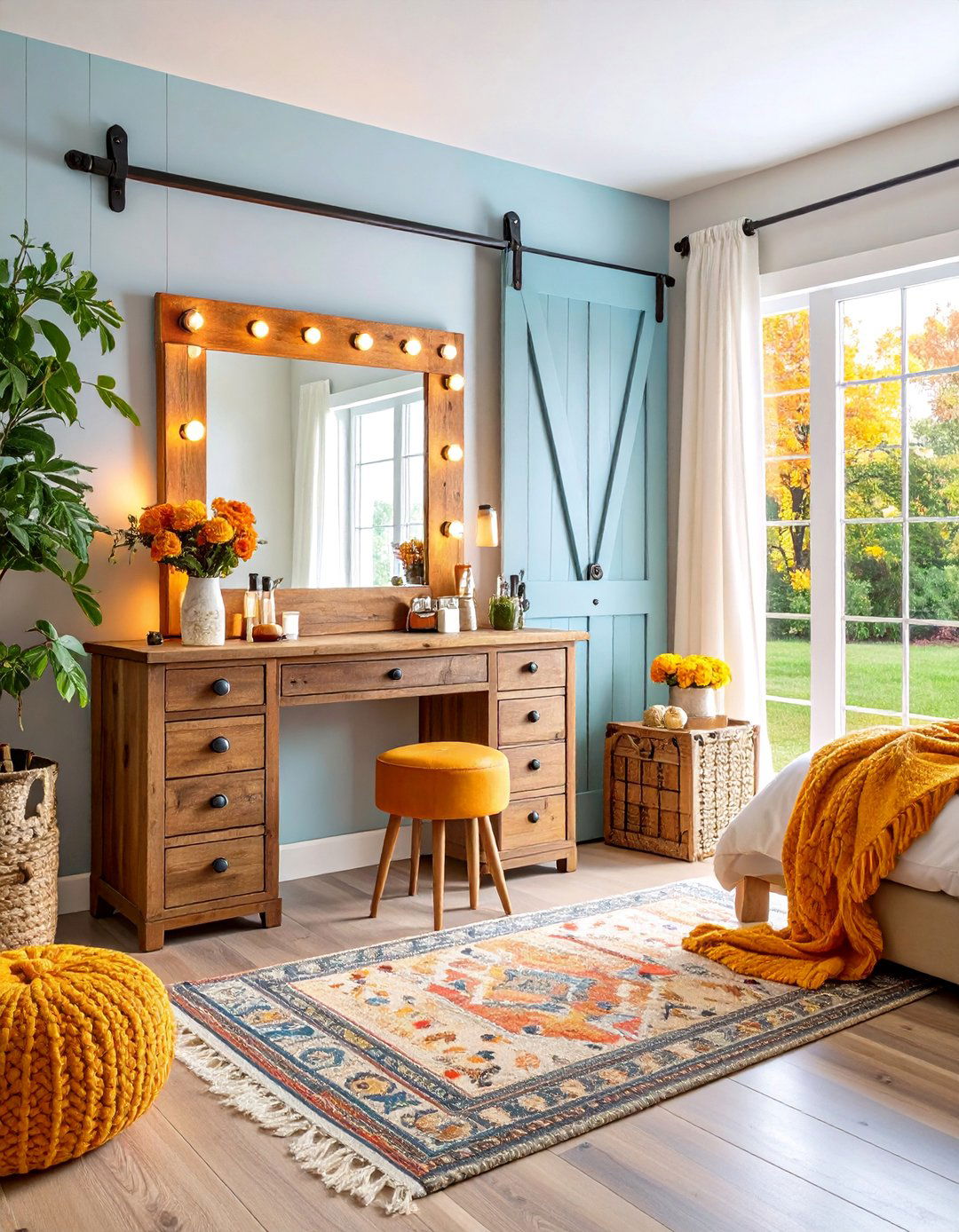 Rustic Farmhouse Makeup Room with Barn Door Mirror - 25 Makeup Room Ideas