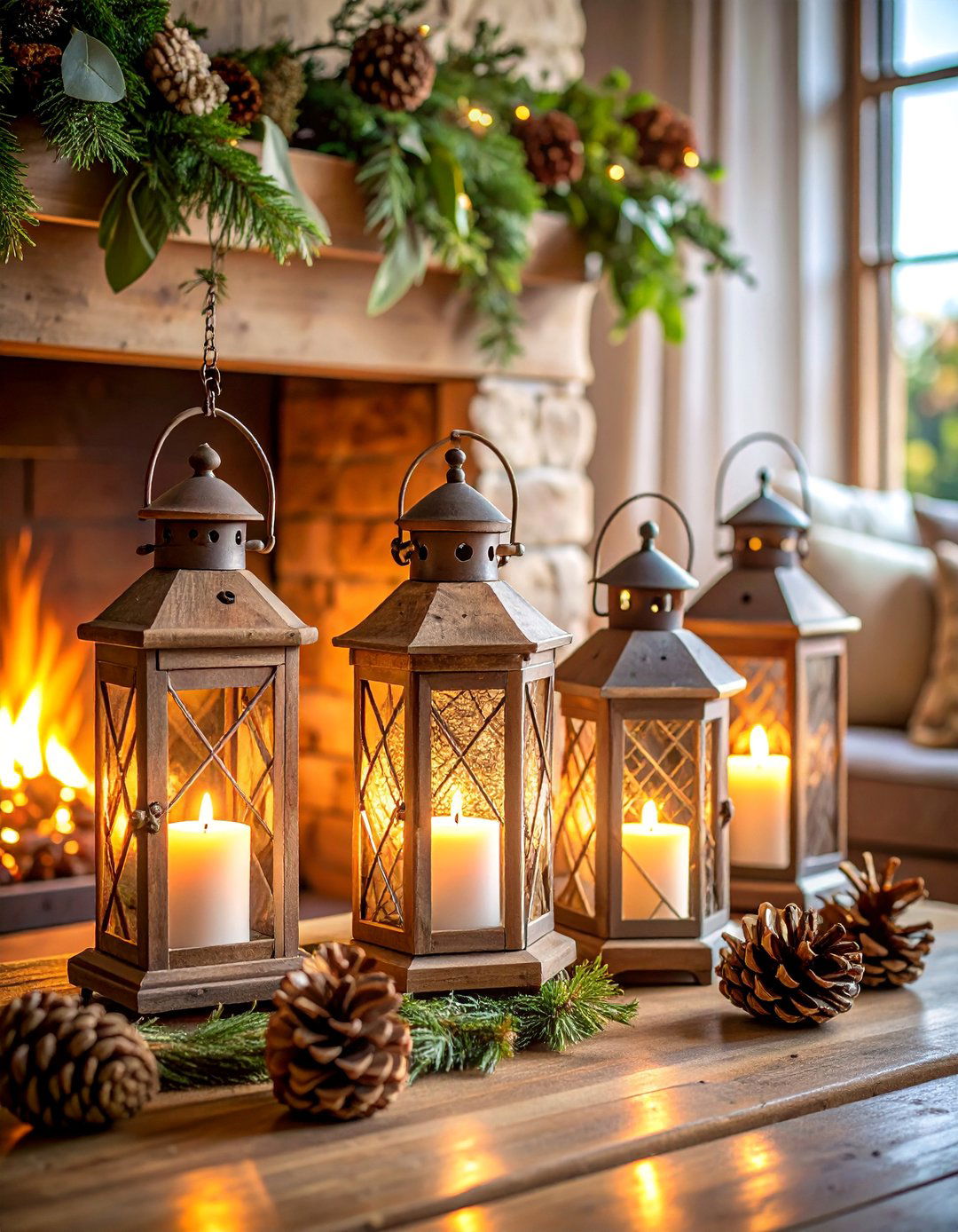 Rustic Farmhouse Mantel Display with Wooden Lanterns - 25 Lantern Decor Ideas