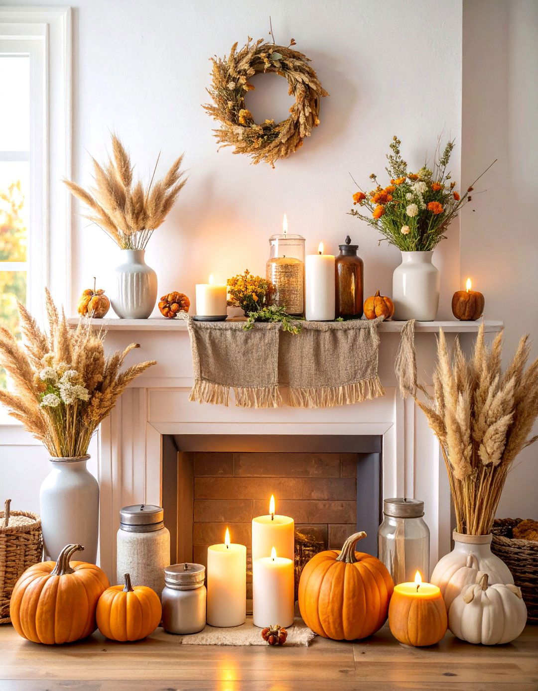 Rustic Farmhouse Mantel with Burlap and Wheat - 25 Fall Mantel Decor Ideas