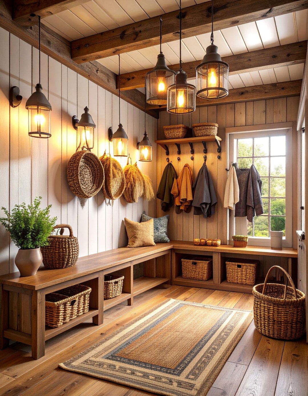 Rustic Farmhouse Mudroom with Shiplap Walls - 25 Entryway Ideas