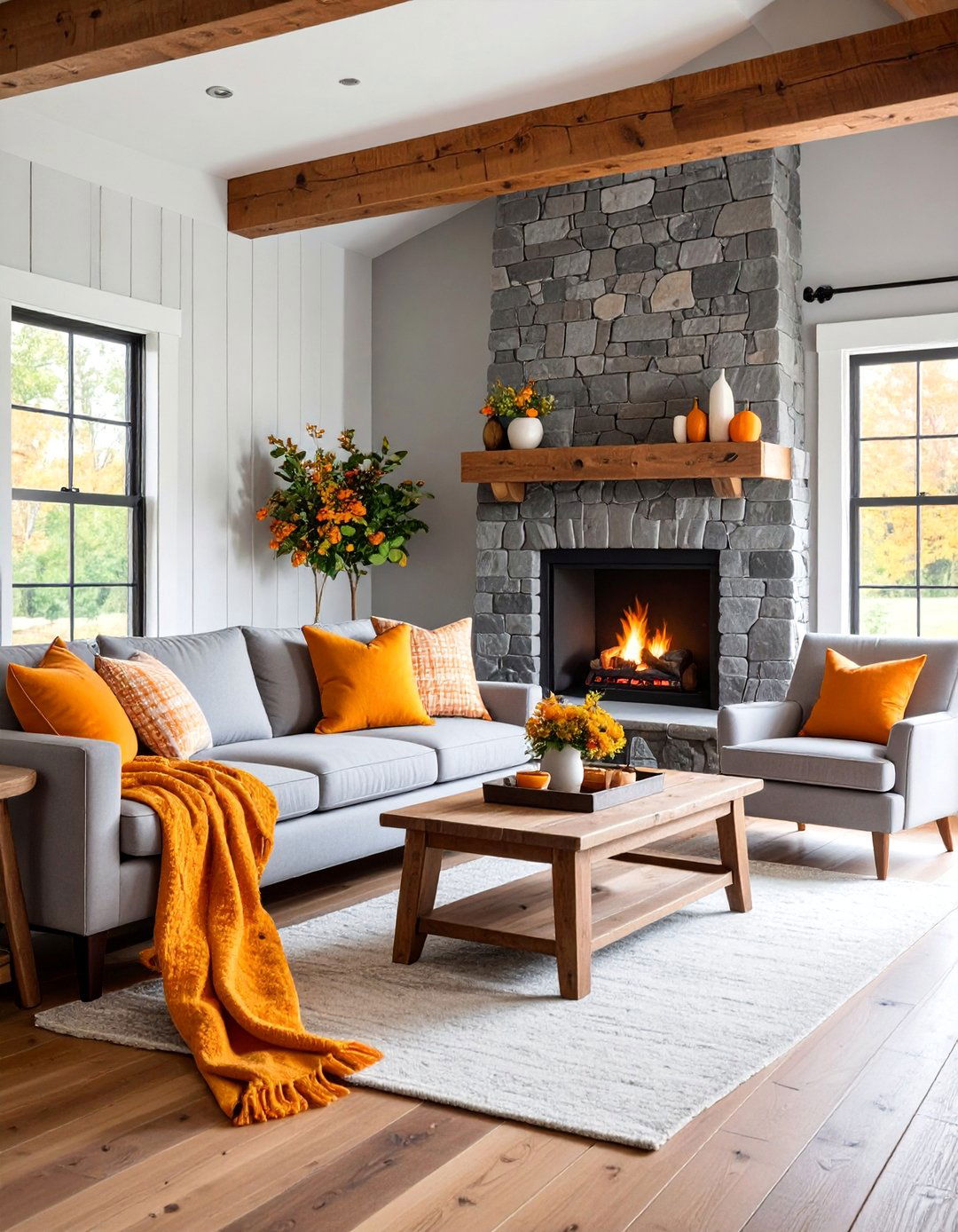 Rustic Farmhouse Orange and Grey Stone Fireplace Living Room - 25 Orange and Grey Living Room Ideas