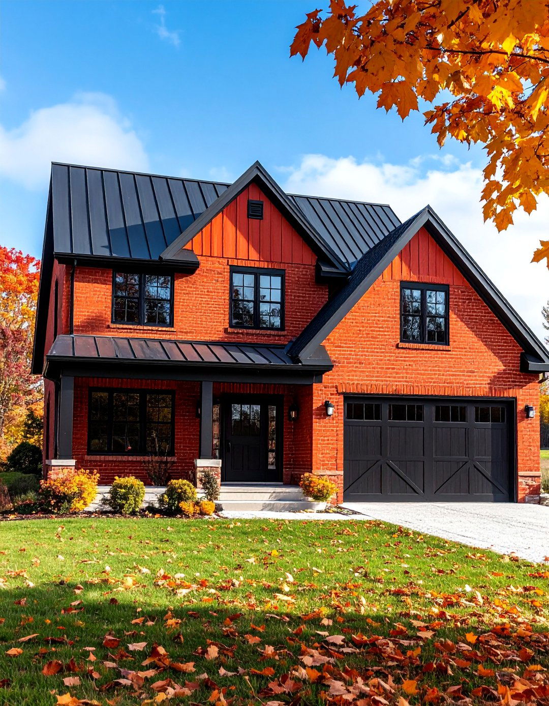 Rustic Farmhouse Red Brick House with Black Barn Door Garage - 25 Red Brick House with Black Trim Design Ideas