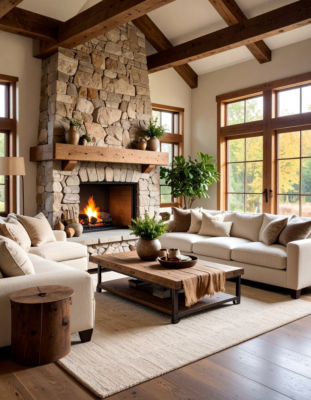 Rustic Farmhouse Sectional with Stone Fireplace - 25 Living Room Ideas With Sectionals and Fireplace
