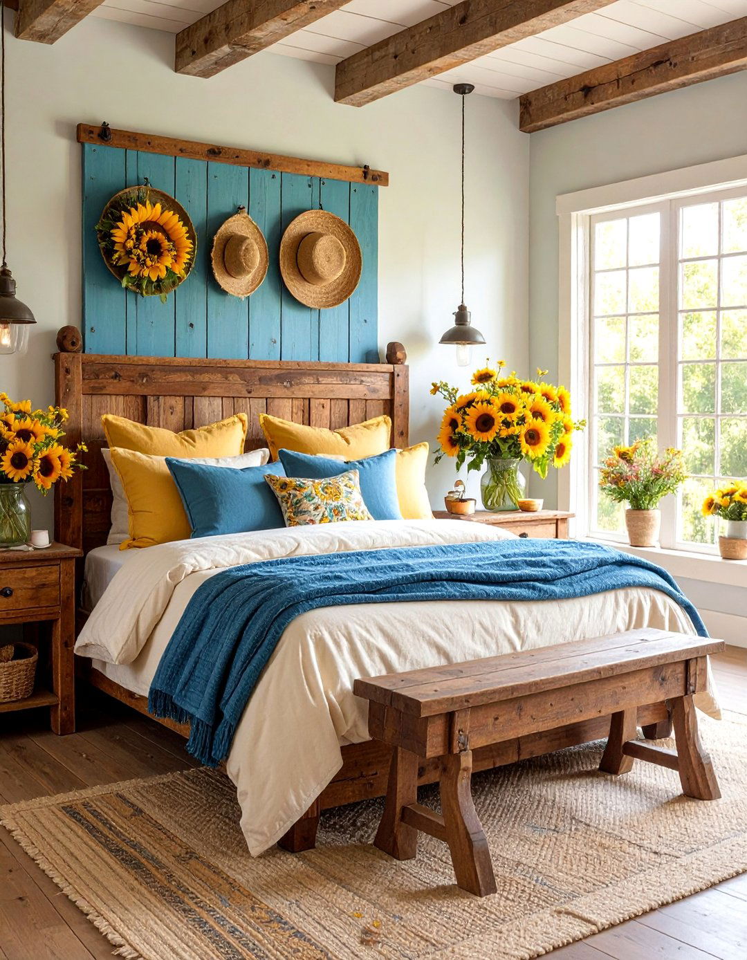 Rustic Farmhouse Sunflower Bedroom with Reclaimed Wood Accents - 25 Sunflower Bedroom Ideas