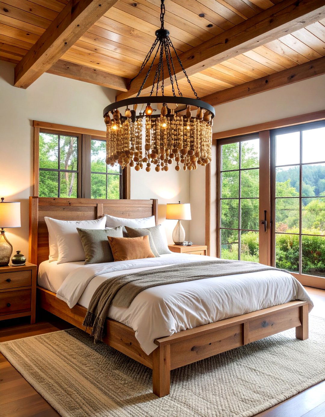 Rustic Farmhouse Wood Bead Chandelier with Iron Frame - 25 Bedroom Chandelier Ideas