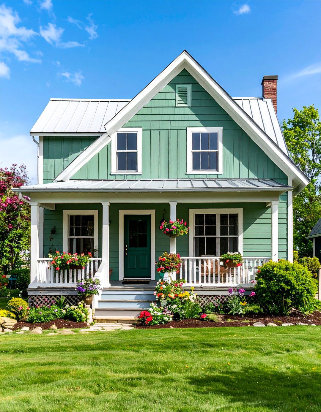 Rustic Farmhouse with Sage Green Board and Batten - 25 Dark Green Exterior Ideas