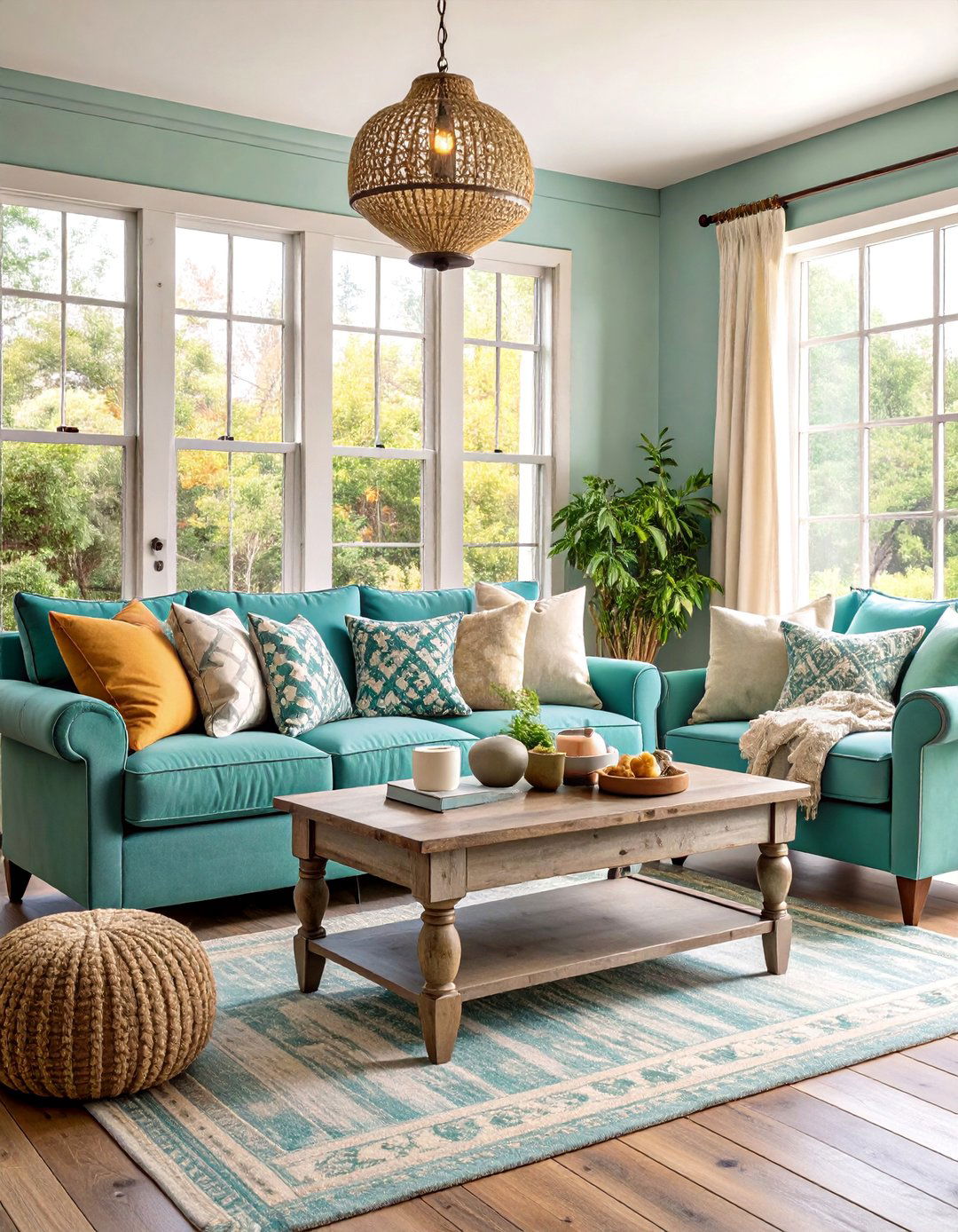 Rustic Farmhouse with Soft Teal Touches - 25 Teal and Grey Living Room Ideas