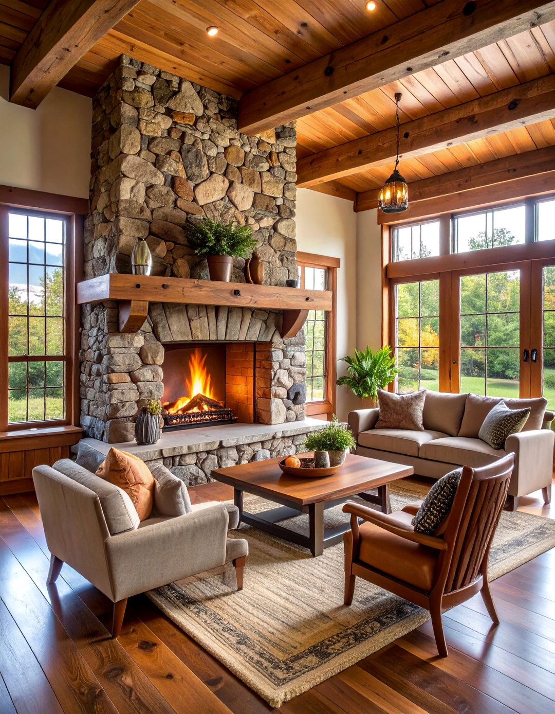 Rustic Fieldstone Farmhouse Fireplace with Copper Accents - 25 Farmhouse Fireplace Ideas