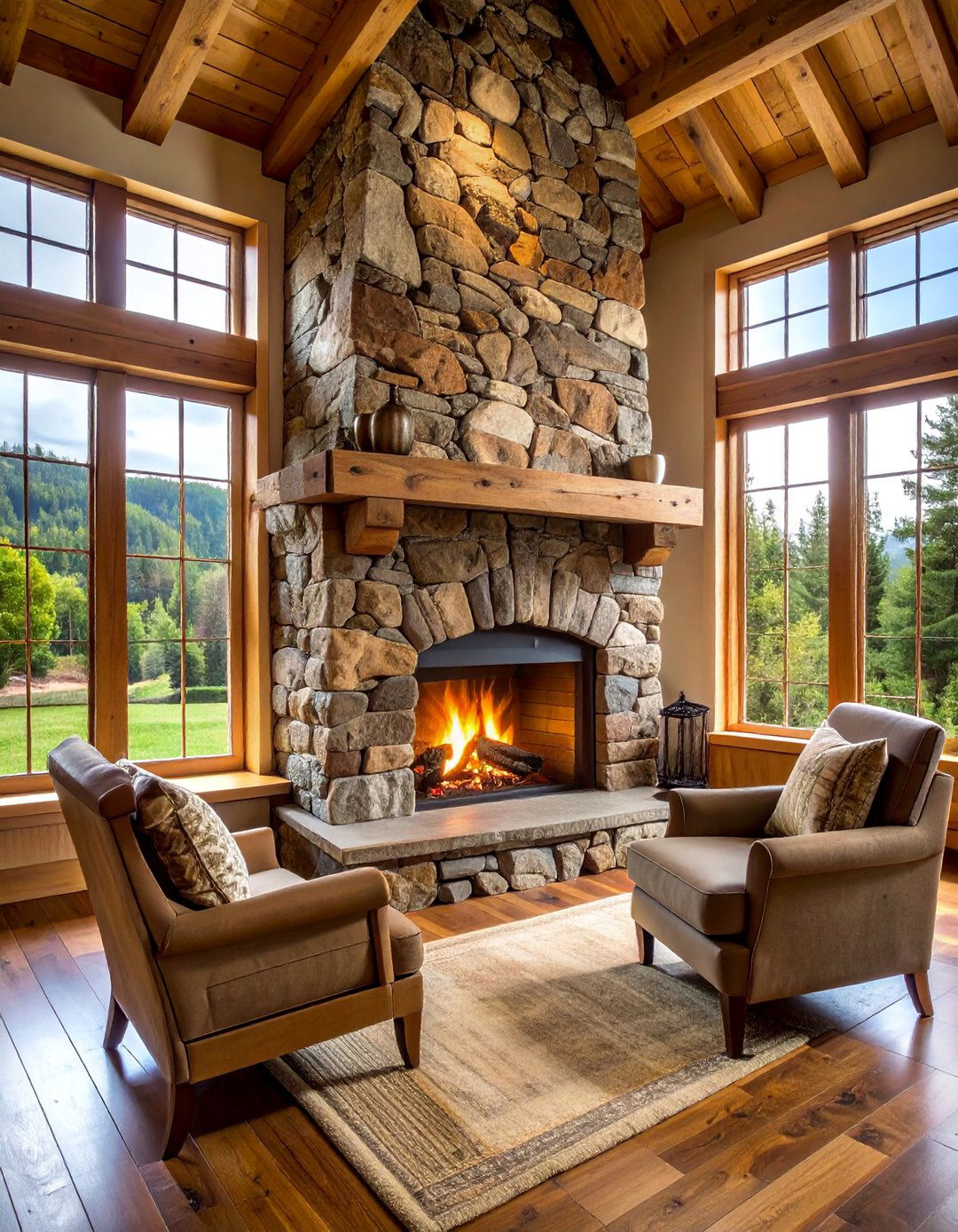 Rustic Fieldstone Fireplace with Reclaimed Wood Mantel - 25 Floor-to-Ceiling Stone Fireplace Ideas