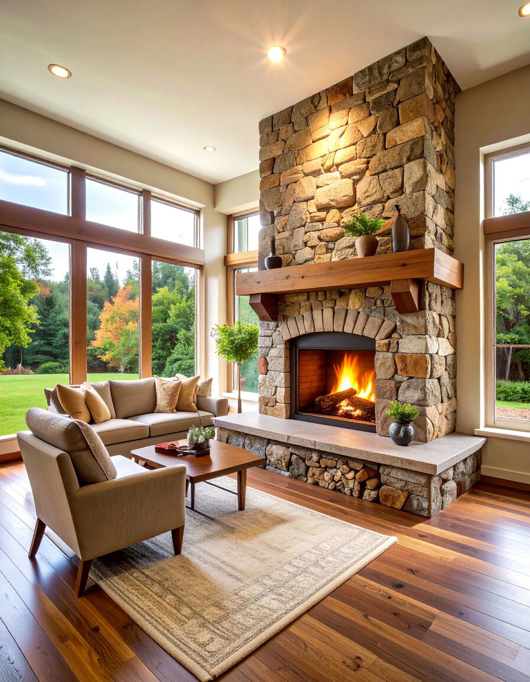 Rustic Fieldstone Fireplace with Wood Mantel - 25 Fireplace Ideas
