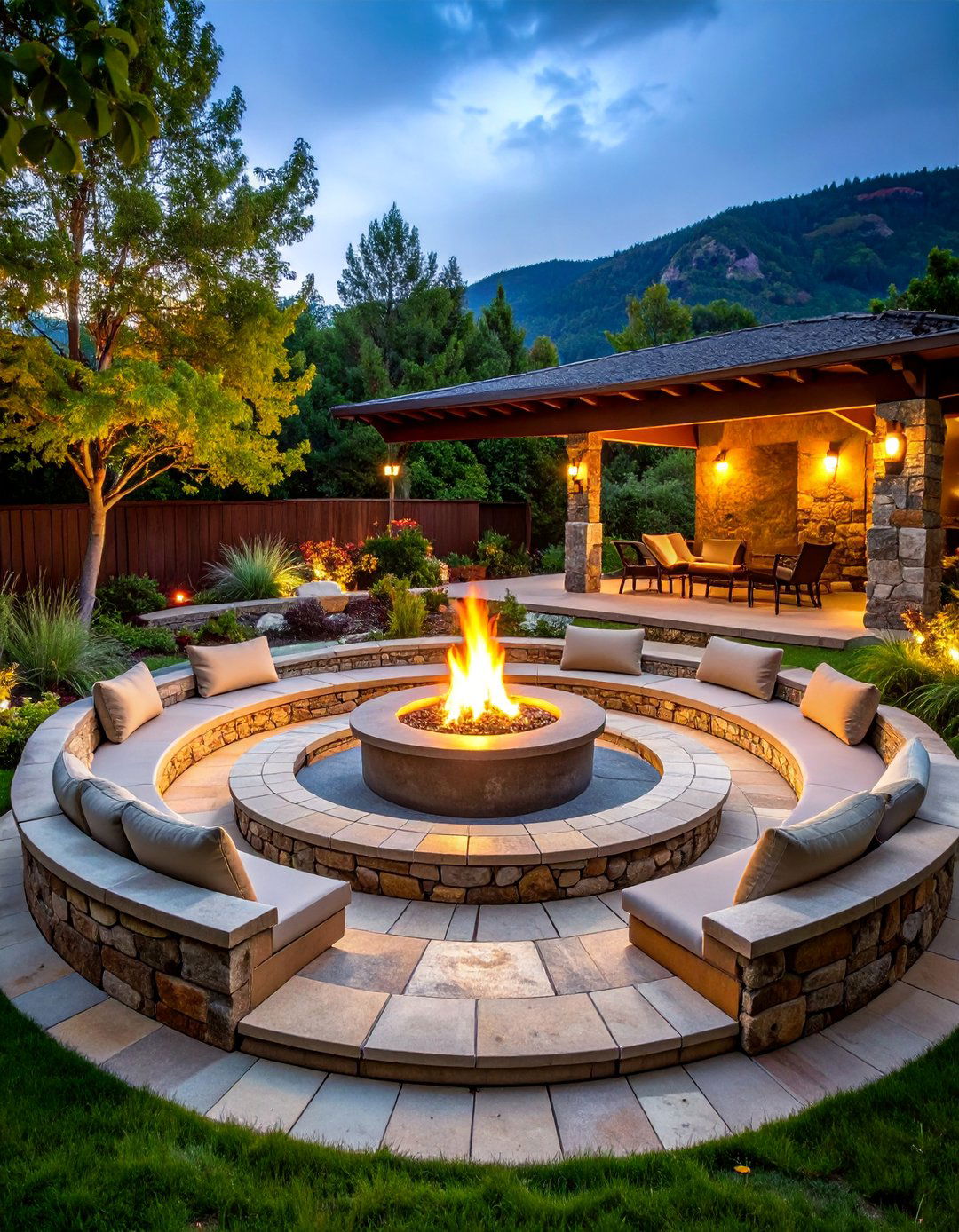 Rustic Fire Pit Amphitheater with Tiered Stone Seating - 25 Down Sloped Backyard Ideas