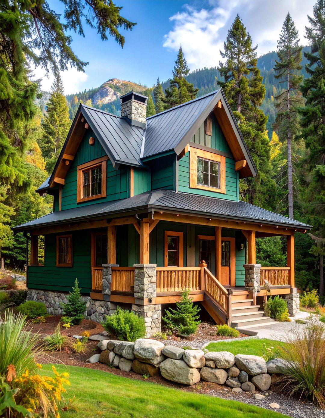Rustic Forest Green Cabin with Black Metal Roofing and Wood Accents - 25 Forest Green House With Black Trim