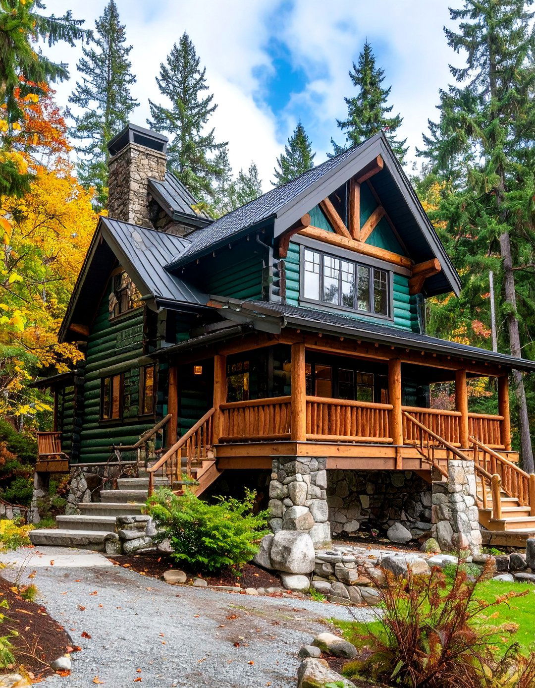 Rustic Forest Green Log Home with Black Chinking and Stone Foundation - 25 Forest Green House With Black Trim