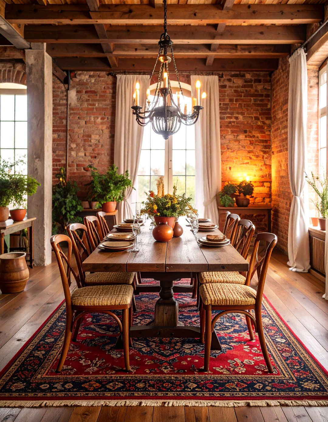 Rustic French Dining Room with Exposed Brick Walls