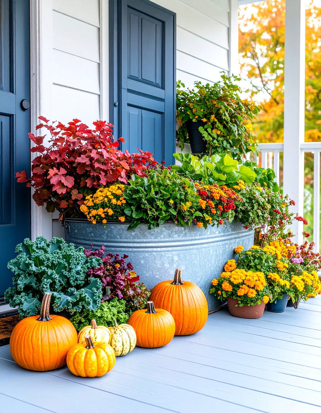 Rustic Galvanized Container with Mixed Fall Foliage - 25 Fall Planter Ideas