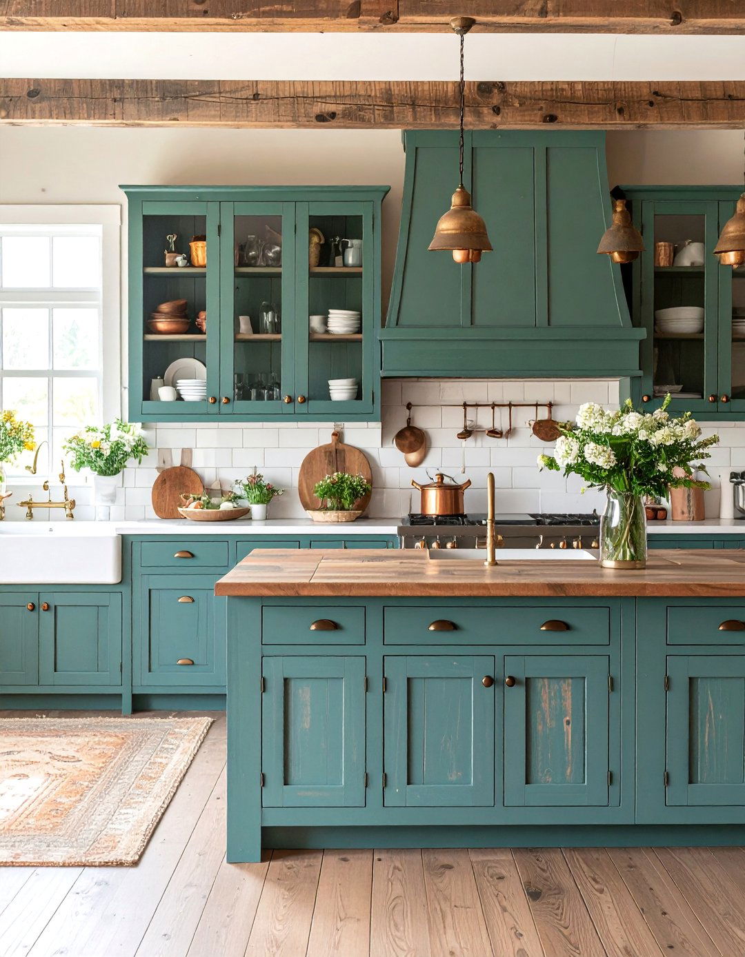 Rustic Green Farmhouse Kitchen with Reclaimed Brown Wood Elements - 25 Green and Brown Kitchen Ideas
