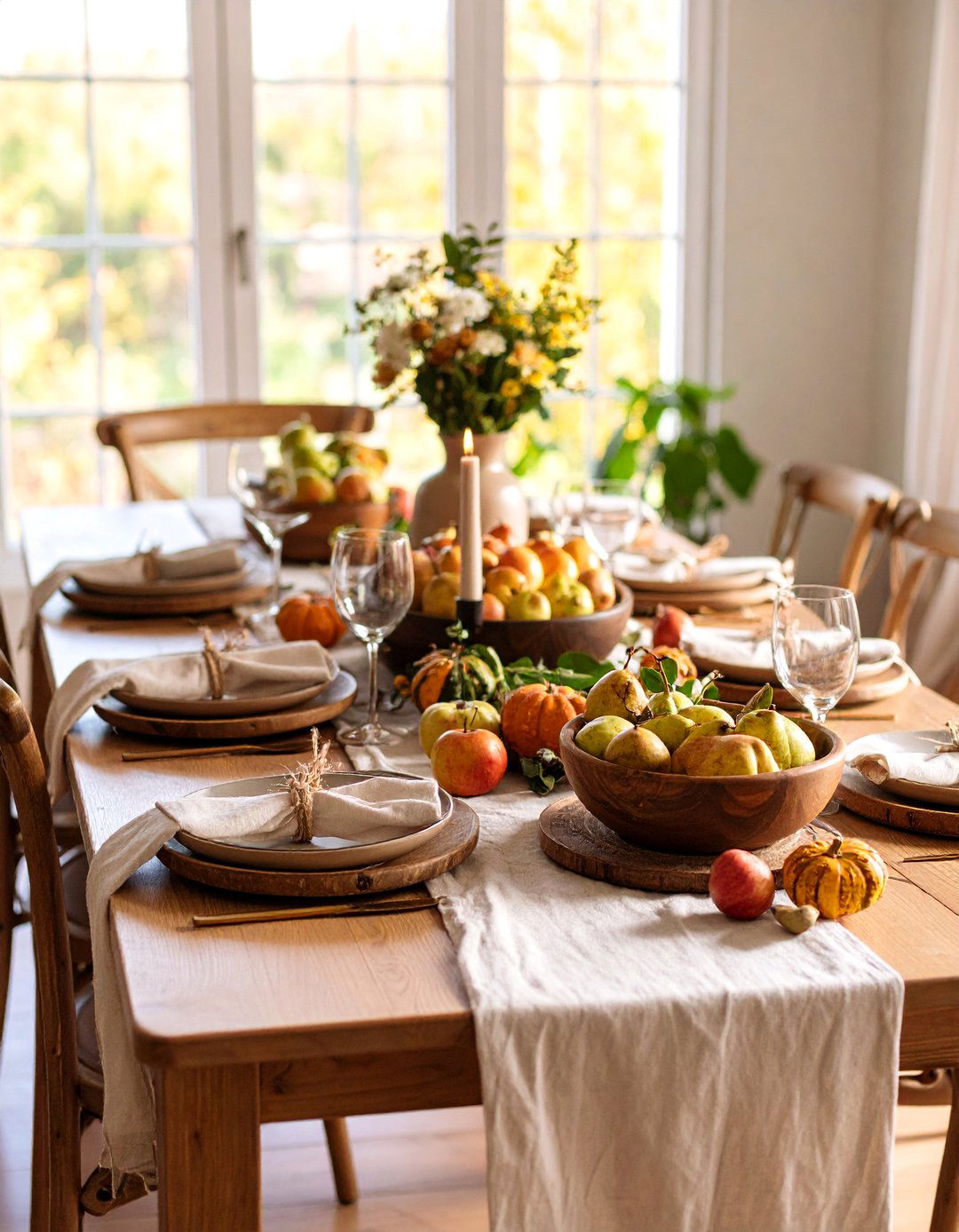 Rustic Harvest Centerpiece with Wooden Bowls - 25 Fall Table Decor Ideas