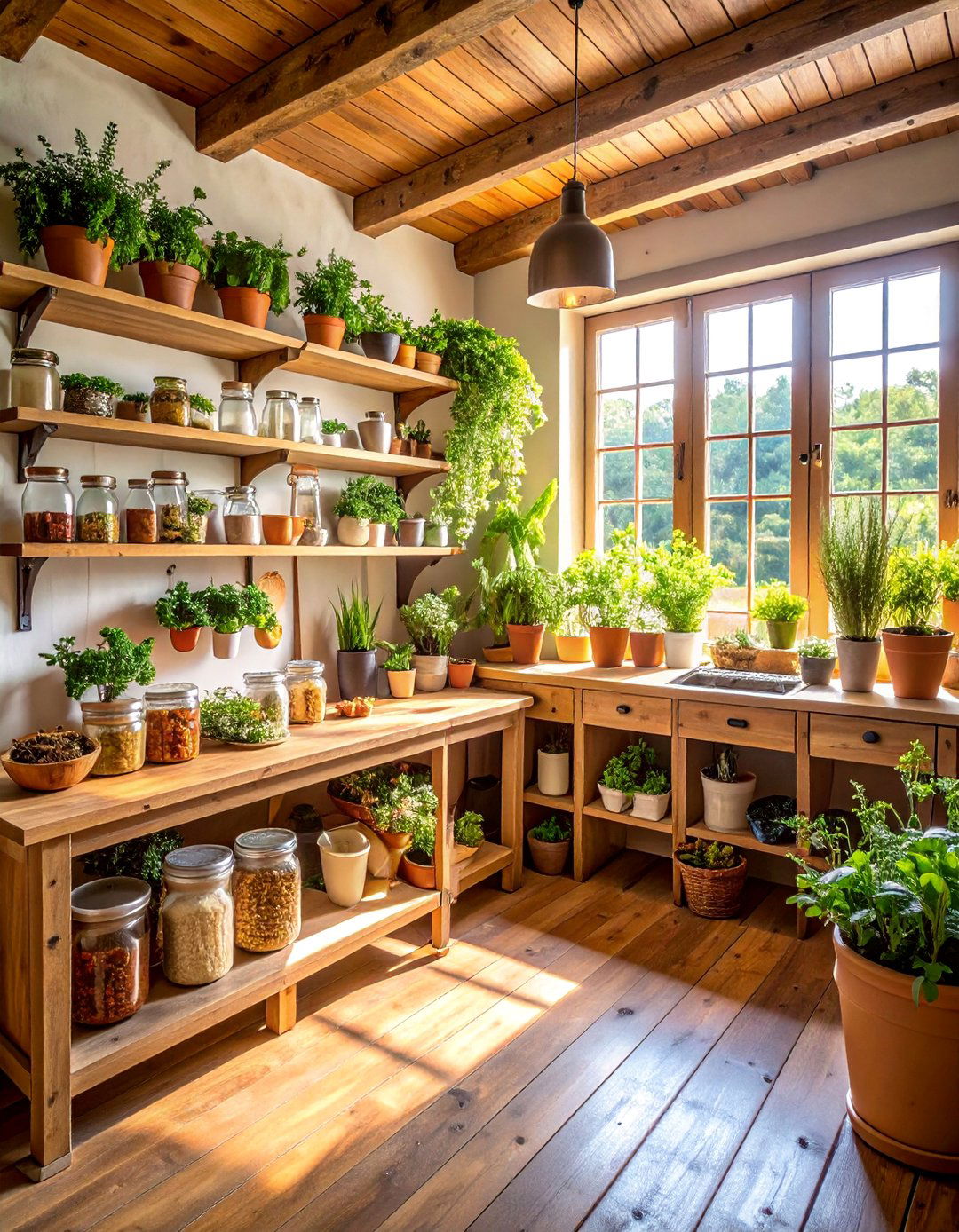 Rustic Herb Garden Kitchen with Drying Racks - 25 Primitive Kitchen Ideas