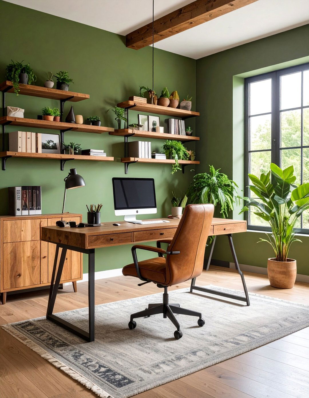 Rustic Home Office with Olive Green Accent Wall - 25 Olive Green Accent Wall Ideas