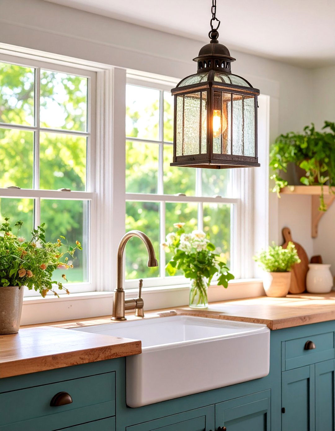 Rustic Iron and Glass Lantern Style Pendants - 25 Kitchen Sink Lighting Ideas