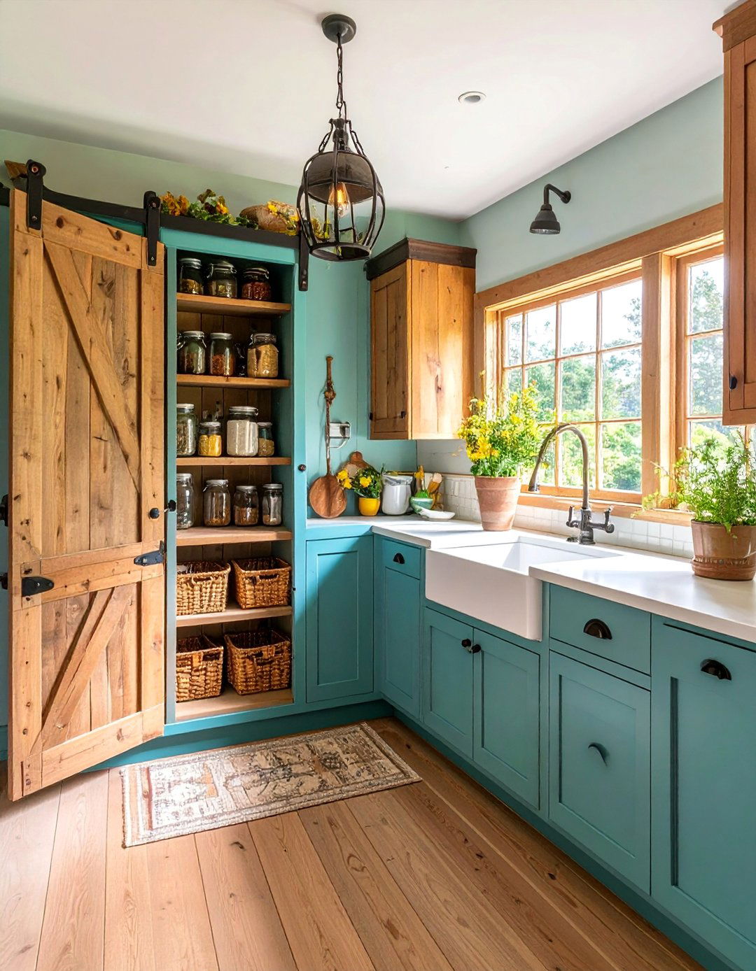 Rustic Kitchen with Barn Door Pantry and Mason Jar Storage - 25 Rustic Kitchen Ideas