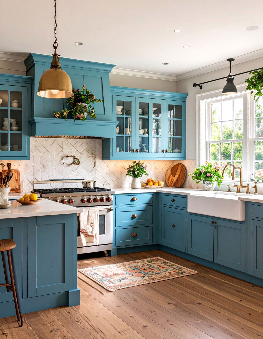 Rustic Kitchen with Beadboard Backsplash and Glass Front Cabinets - 25 Rustic Kitchen Ideas