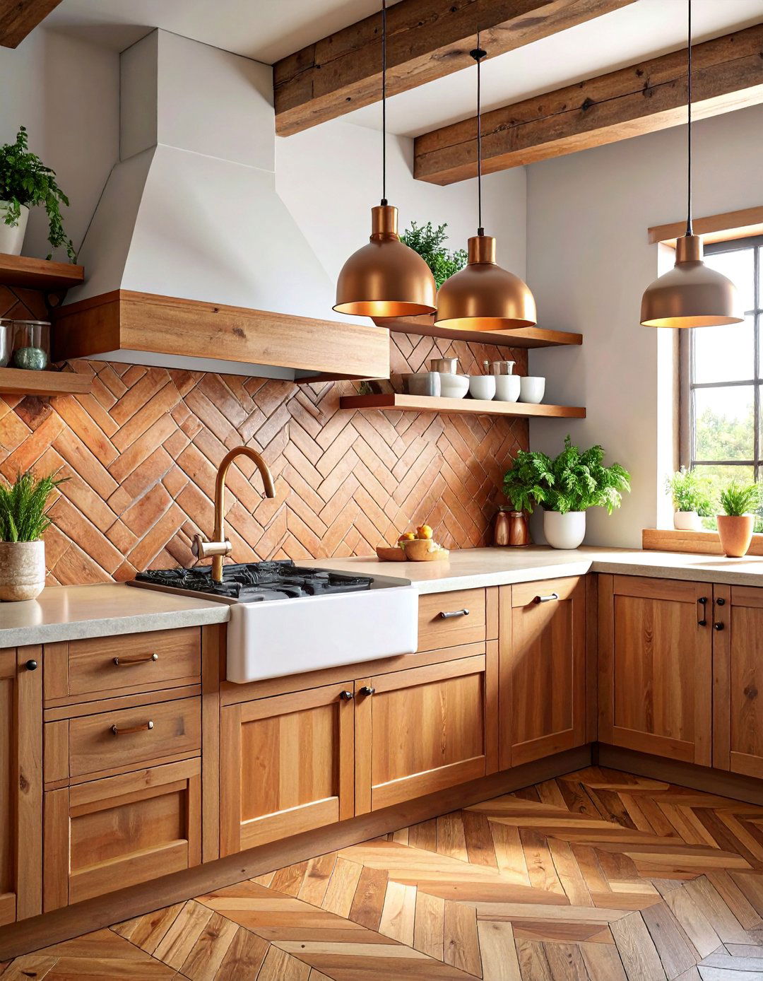 Rustic Kitchen with Herringbone Brick Backsplash and Copper Sink - 25 Rustic Kitchen Ideas