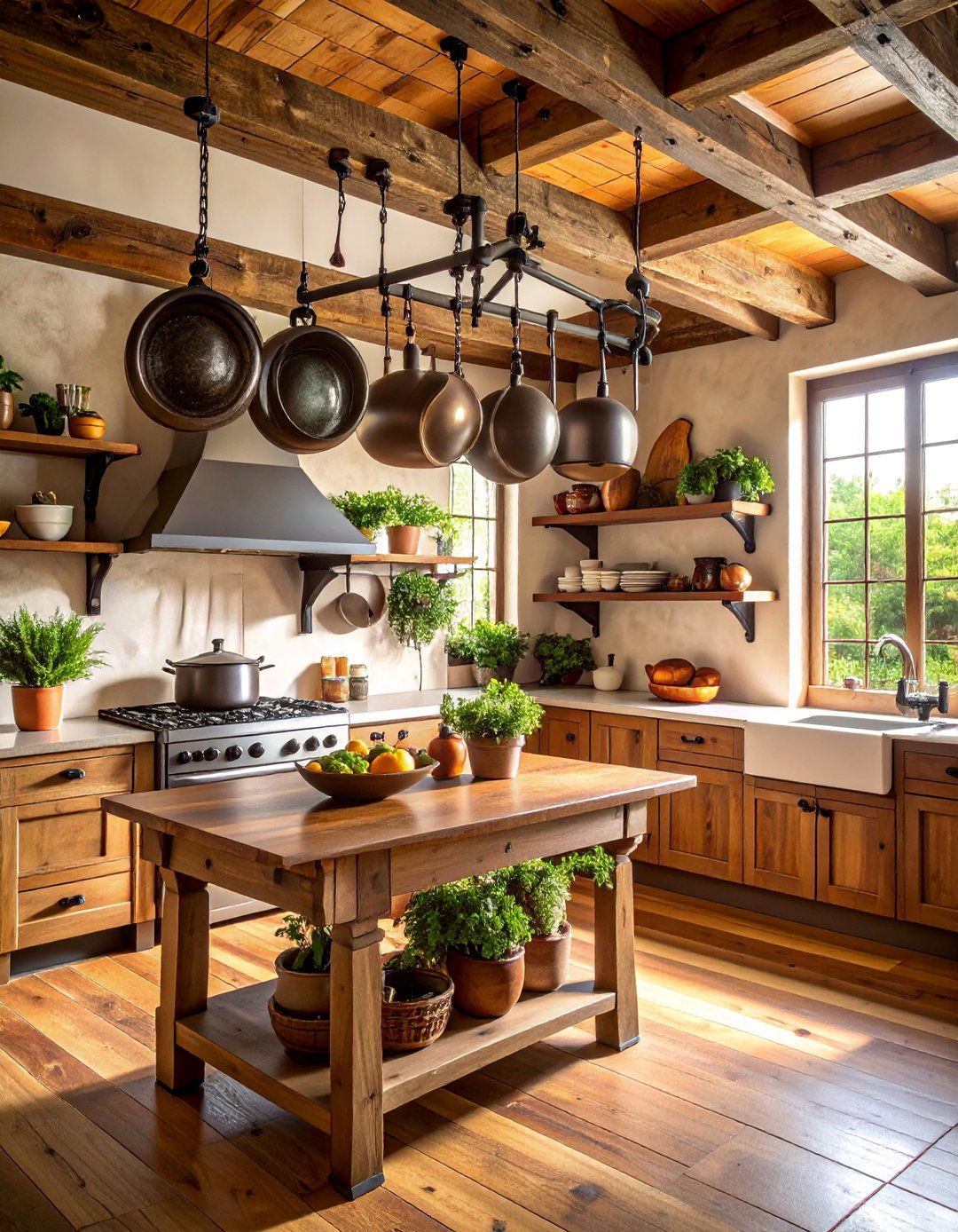 Rustic Kitchen with Pot Rack and Cast Iron Display - 25 Rustic Kitchen Ideas