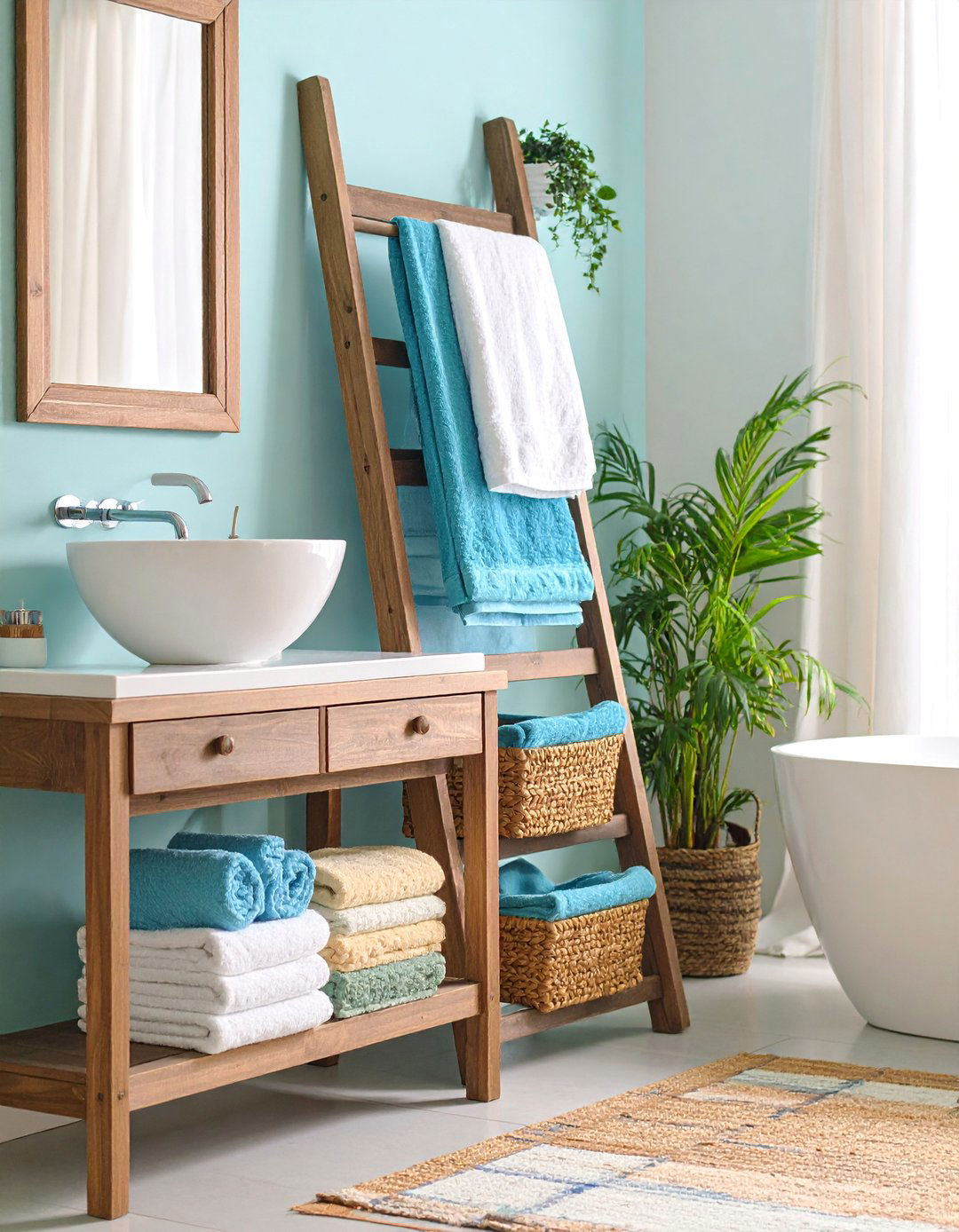 Rustic Ladder Towel Storage - 25 Cottage Bathroom Ideas