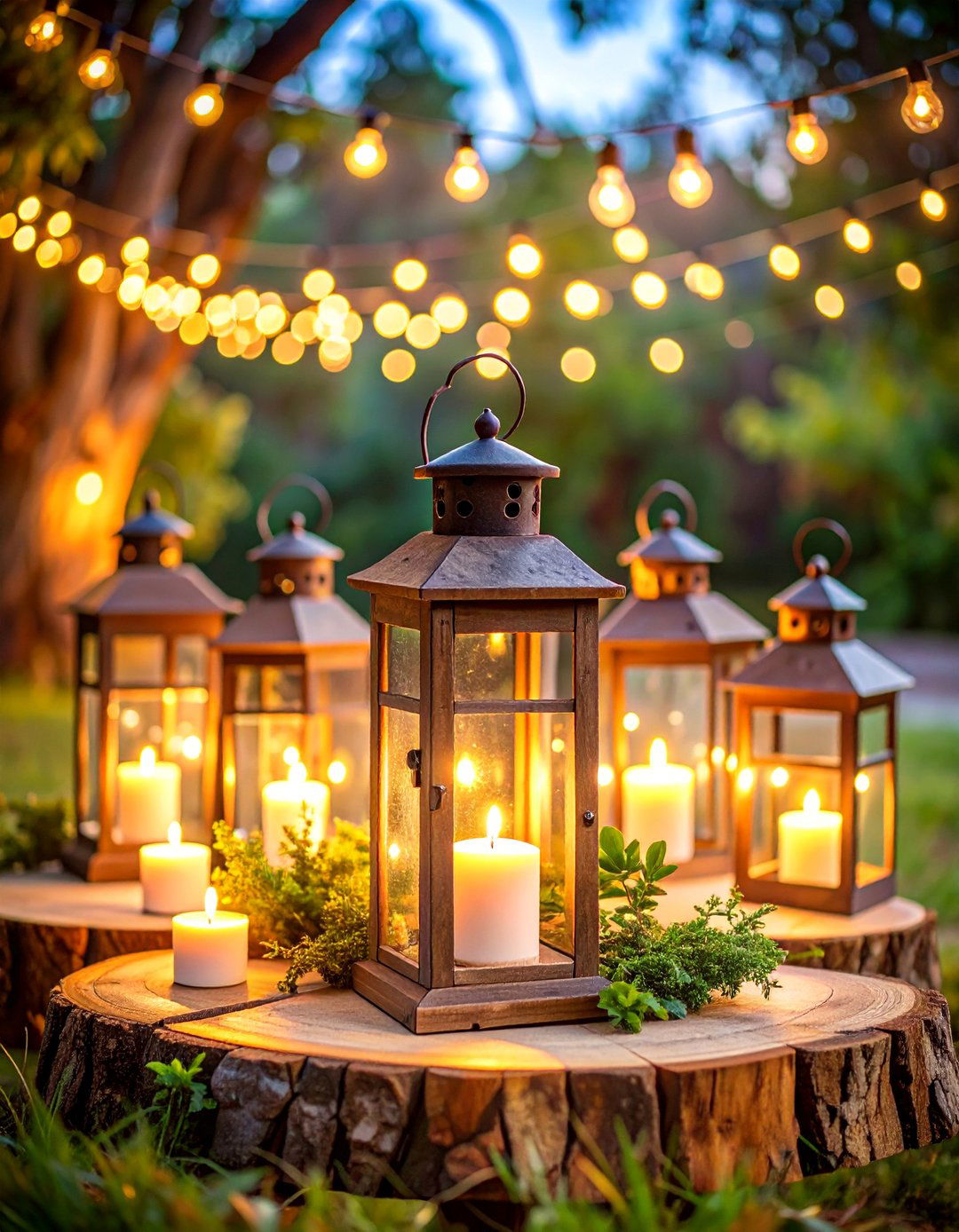Rustic Lantern Centerpiece with Fairy Lights - 25 Graduation Centerpiece Ideas