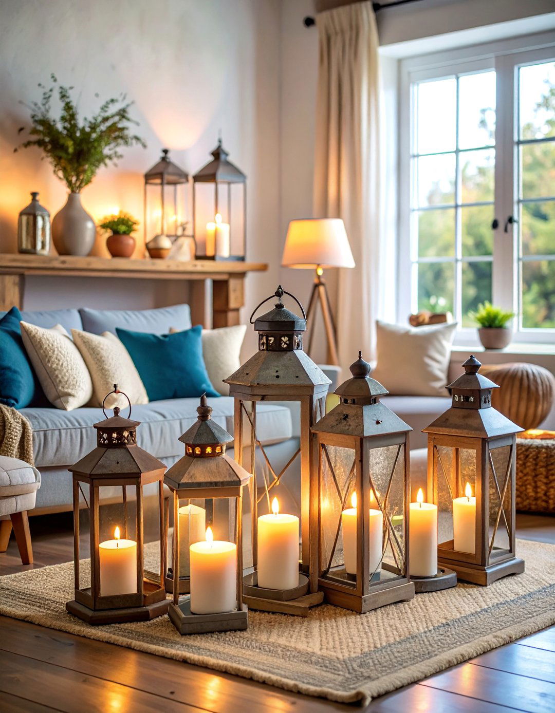 Rustic Lantern Collection with Flickering Candles - 25 Fireplace Mantel Lighting Ideas