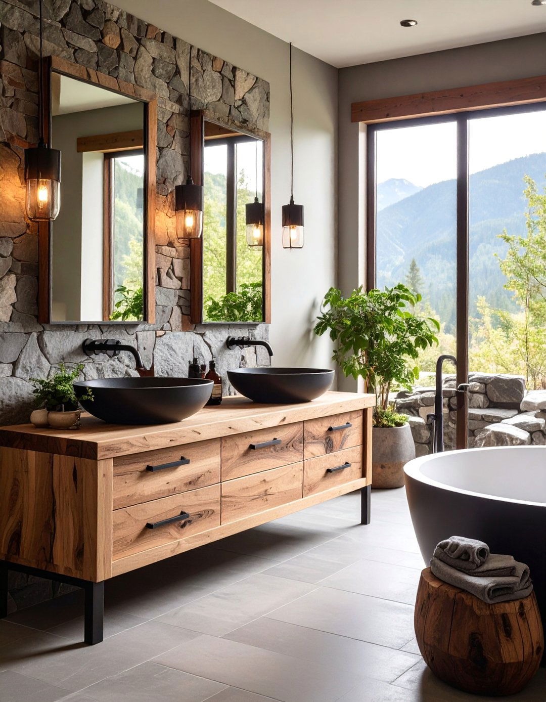 Rustic Live Edge Wood Vanity with Black Stone Vessel Sinks - 25 Black and Wood Bathroom Ideas