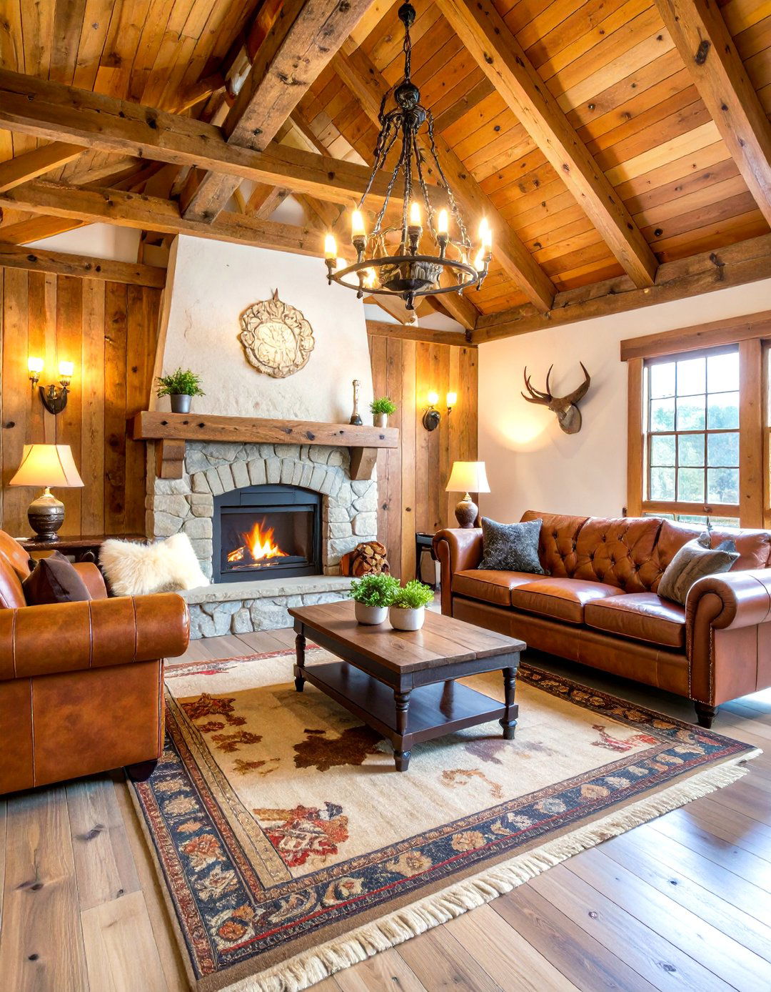 Rustic Lodge Basement with Stone Fireplace - 25 Hunting Man Cave Ideas