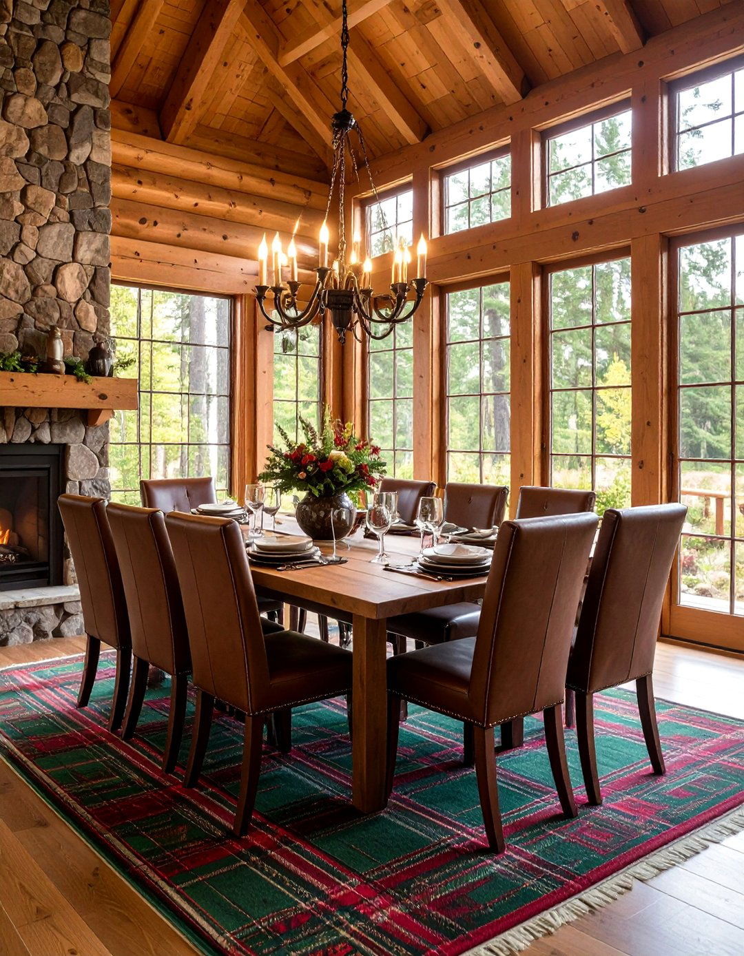 Rustic Lodge Dining Room with Plaid Wool Carpet - 25 Carpeted Dining Room Ideas
