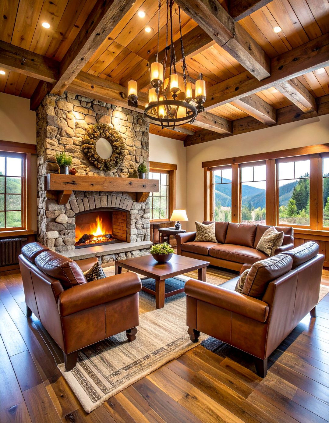 Rustic Lodge Fireplace with River Rock Surround and Antler Accessories - 25 Basement Fireplace Ideas