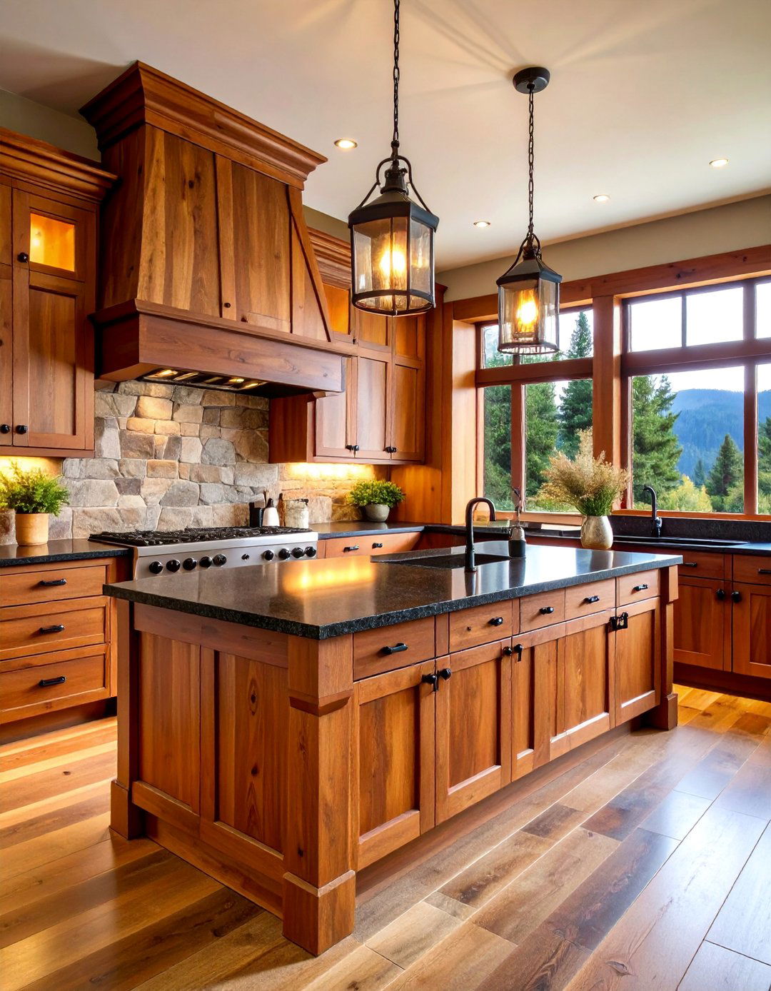 Rustic Lodge Kitchen with Knotty Pine Brown Cabinets - 25 kitchen with brown cabinets and black countertops ideas