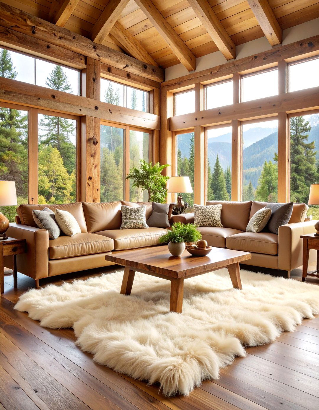 Rustic Lodge Living Room with Faux Fur Area Rug - 25 Living Room Rug Ideas