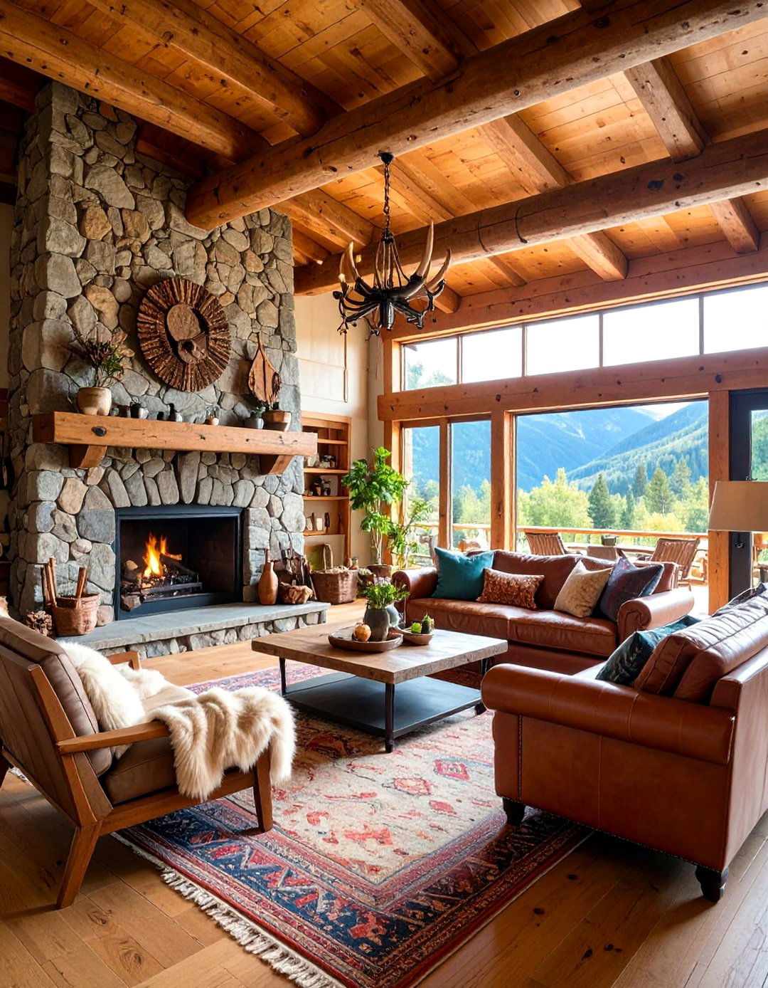 Rustic Lodge Living Room with Log Beam Construction - 25 Exposed Beam Living Room Ideas