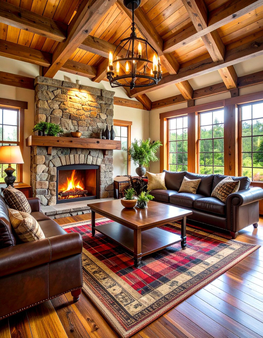 Rustic Lodge Living Room with Red Plaid and Black Leather - 25 Black and Red Living Room Ideas