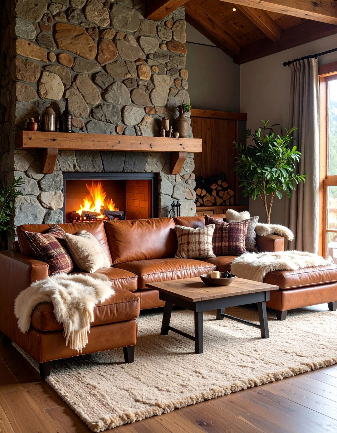 Rustic Lodge Living Room with Stone Fireplace Focus - 25 Pottery Barn Living Room Ideas