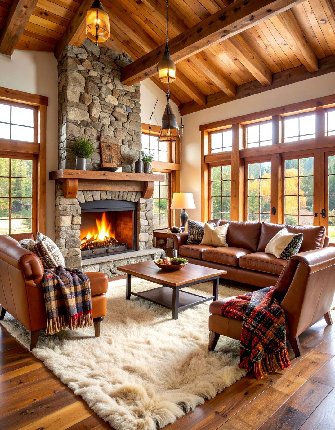 Rustic Lodge Living Room with Stone Fireplace - 25 Country Living Room Ideas