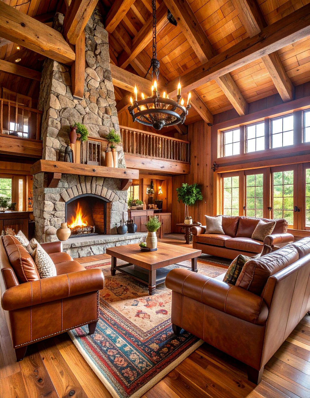 Rustic Lodge Mansion Living Room with Massive Stone Fireplace - 25 Mansion Living Room Ideas