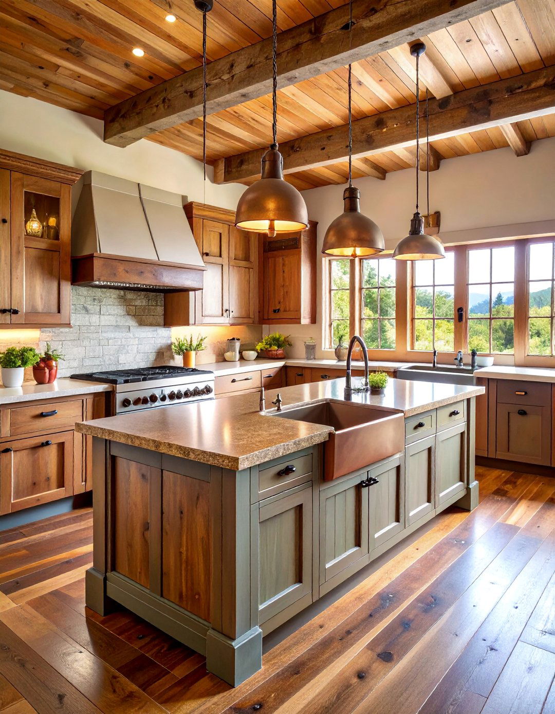 Rustic Lodge Reclaimed Wood and Copper Islands - 25 Double Island Kitchen Ideas