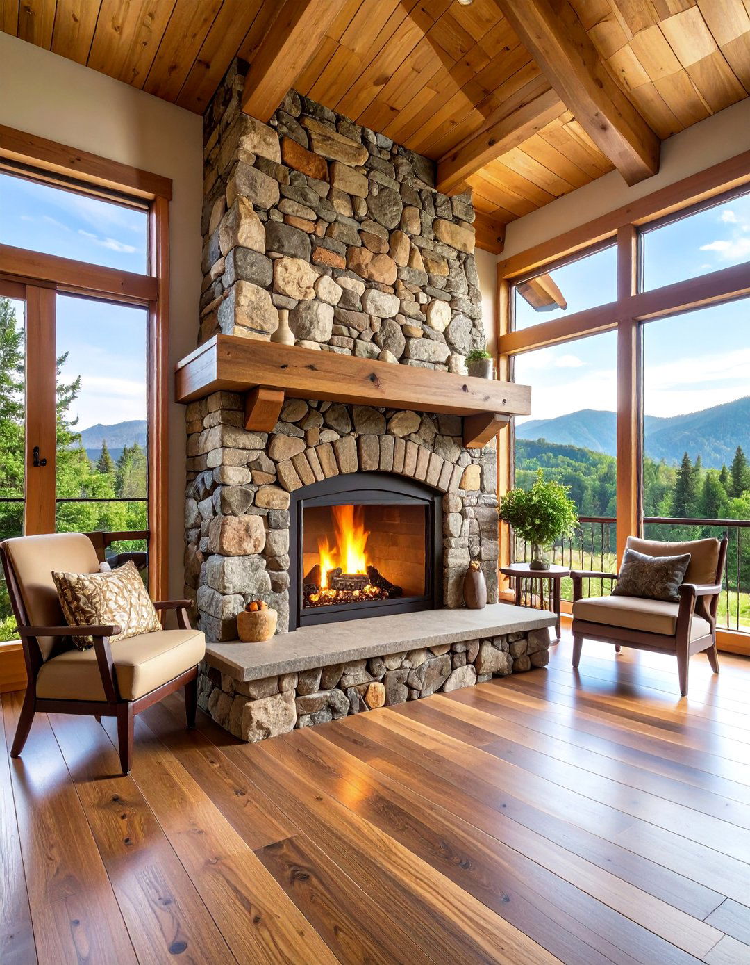 Rustic Lodge Stone Fireplace with Natural Rock Construction - 25 Traditional Fireplaces
