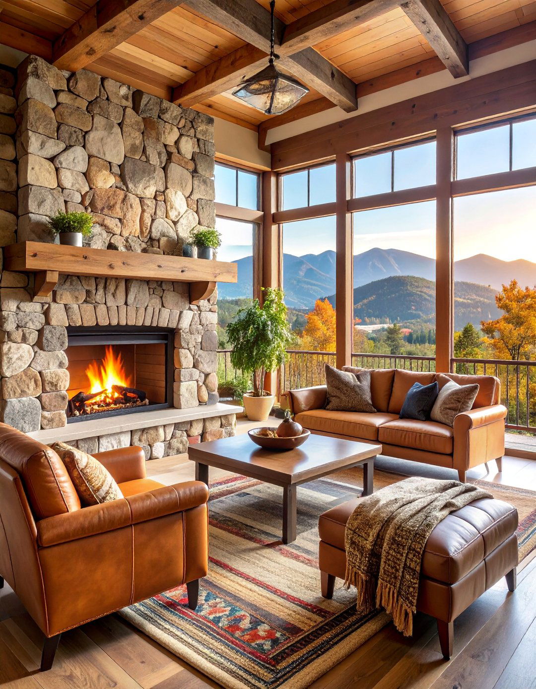 Rustic Lodge Stone Fireplace with Timber Frame Construction - 25 Sunroom With Fireplace Ideas