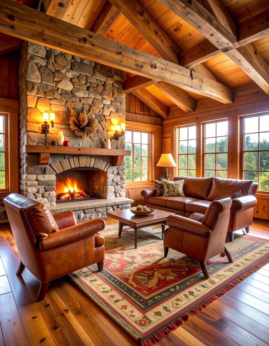 Rustic Lodge Style Faux Stone Hearth with Exposed Beams - 25 Faux Stone Fireplace Ideas